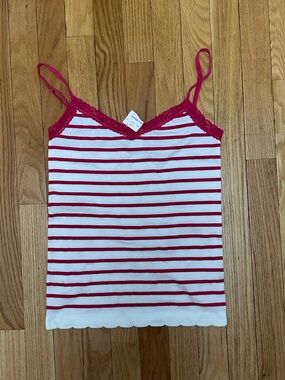 Connection 18 White and Pink Striped Lace-Trim Tank